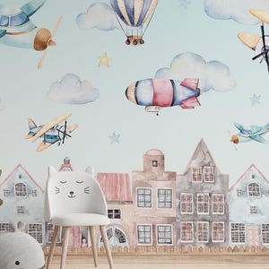 Whimsical Watercolor Airplane & Hot Air Balloon Wallpaper Mural – Kids Room or Nursery Decor