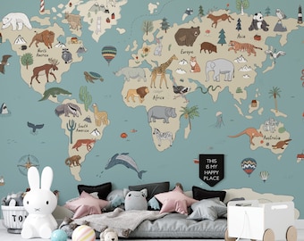 Kids World Map Wall Mural with Animals - Educational Nursery & Playroom Wallpaper