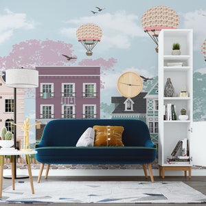 Mural infantil con globos y casas de colores: papel pintado divertido para habitación infantil