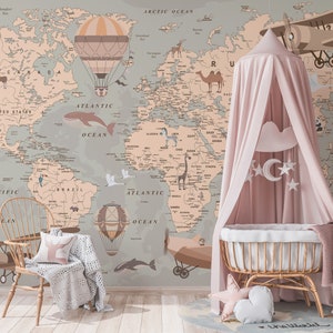 Vintage Map Wallpaper Wandbild | Luftfahrt und Heißluftballon Design | Kinderzimmer Tapete schälen und aufkleben