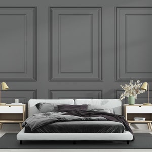 Detailed black wall mural with classic panel patterns