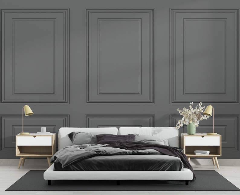 Detailed black wall mural with classic panel patterns