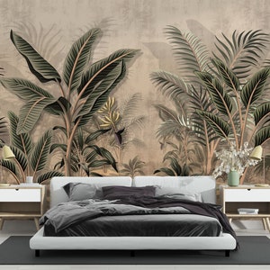 Vintage tropical and banana palm tree Wallpaper, Tropical Rain Forest Peel and Stick by welovewallz