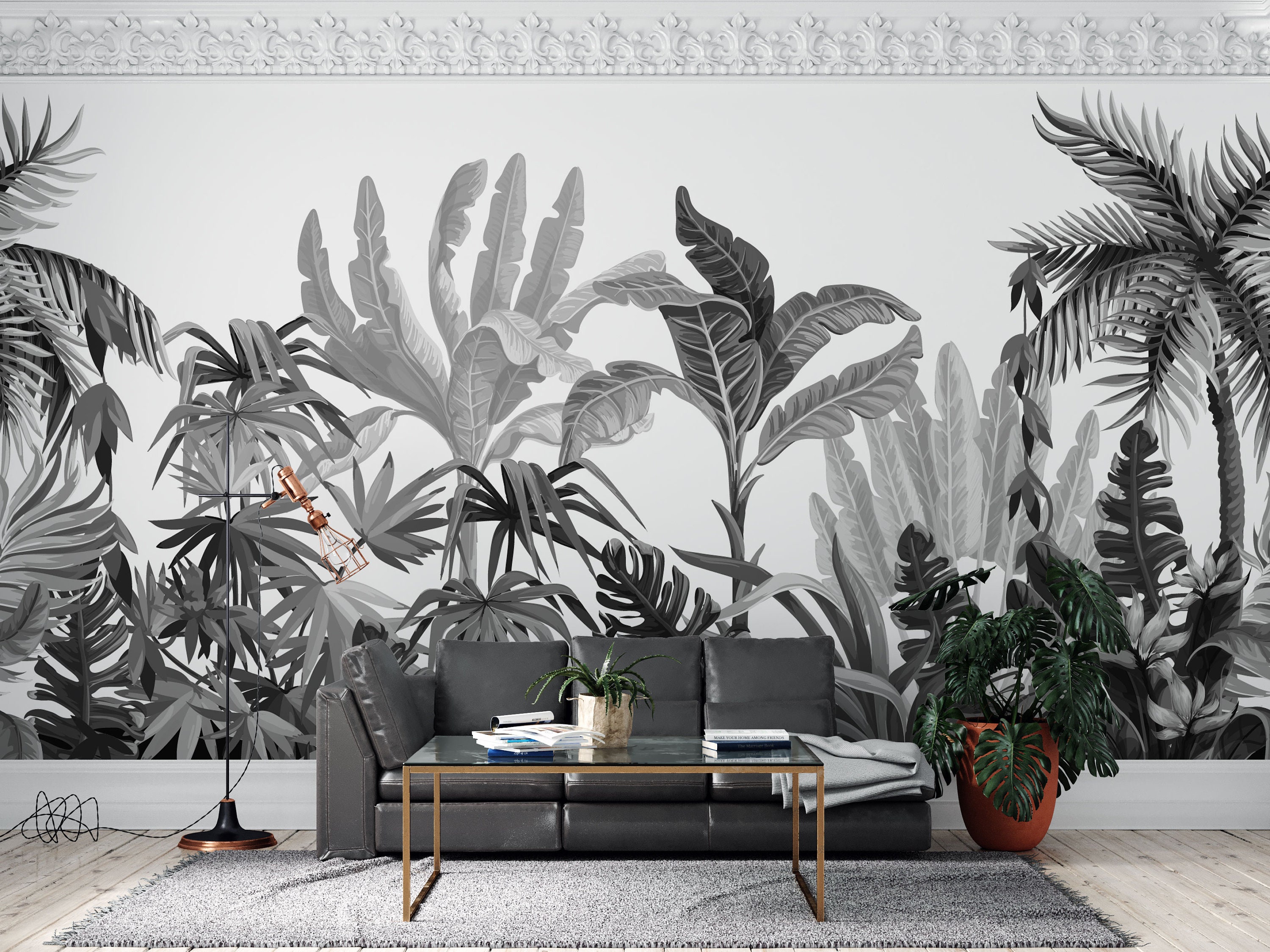 Monochrome Jungle Tree Wallpaper Black and White Natural Etsy