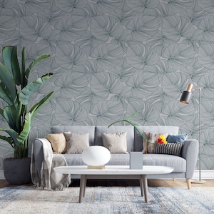 Tropical Botanical Leaf Wallpaper for Walls – Vintage Green Line Art Wall Covering for Living Room
