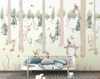 Watercolor Animal Murals Wallpaper | Kids Room Peel & Stick Wallpaper | Self-Adhesive | Perfect for Nursery and Kids Room | Removable Mural