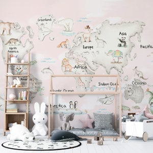 Niedliches Kinderzimmer Wandbild mit Weltkarte und Tieren für Jungen und Mädchen