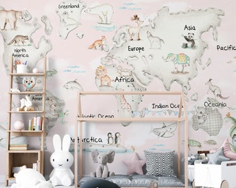 Pastel Animal World Map Wallpaper Mural - Kids Room Peel and Stick