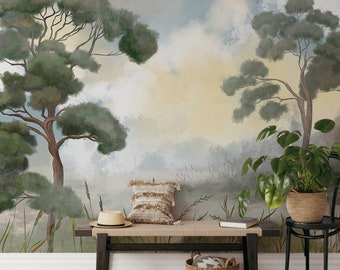 Misty Forest Wallpaper Mural: Woodland Nature Scene, Peel and Stick