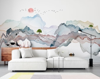 Abstract Line Mountain Wallpaper Nature Wall Art for Walls Minimalist Decor