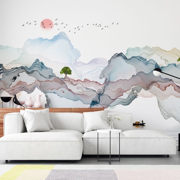 Abstract Line Mountain Wallpaper Nature Wall Art for Walls Minimalist Decor