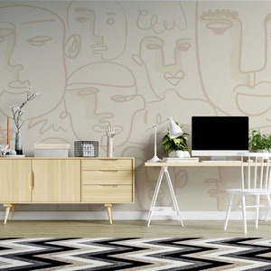 Minimalist Abstract Faces Wallpaper Mural Beige Line Art Wall Decor for Modern Interiors