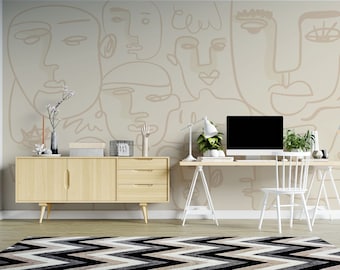 Minimalistische abstracte gezichten behang muurschildering beige lijnkunst muur decor voor moderne interieurs