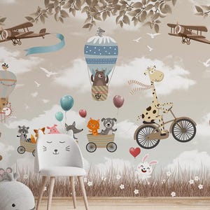 Whimsical Nursery Wallpaper Mural with Hot Air Balloons & Cute Animals – Kids Room Wall Decor
