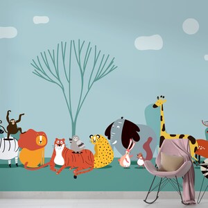 Carta da parati murale per bambini con simpatici animali dei cartoni animati, decorazione da parete per la cameretta dei bambini, decorazione giocosa della fauna selvatica