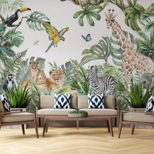 Whimsical Jungle Animal Kids Wallpaper Mural – Lions, Giraffes, Elephants & Tropical Birds for Nursery or Playroom Decor
