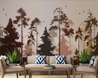 Mural de pared de bosque de pinos sin costuras con siluetas de ciervos y pájaros / Arte de papel tapiz de naturaleza y bosque
