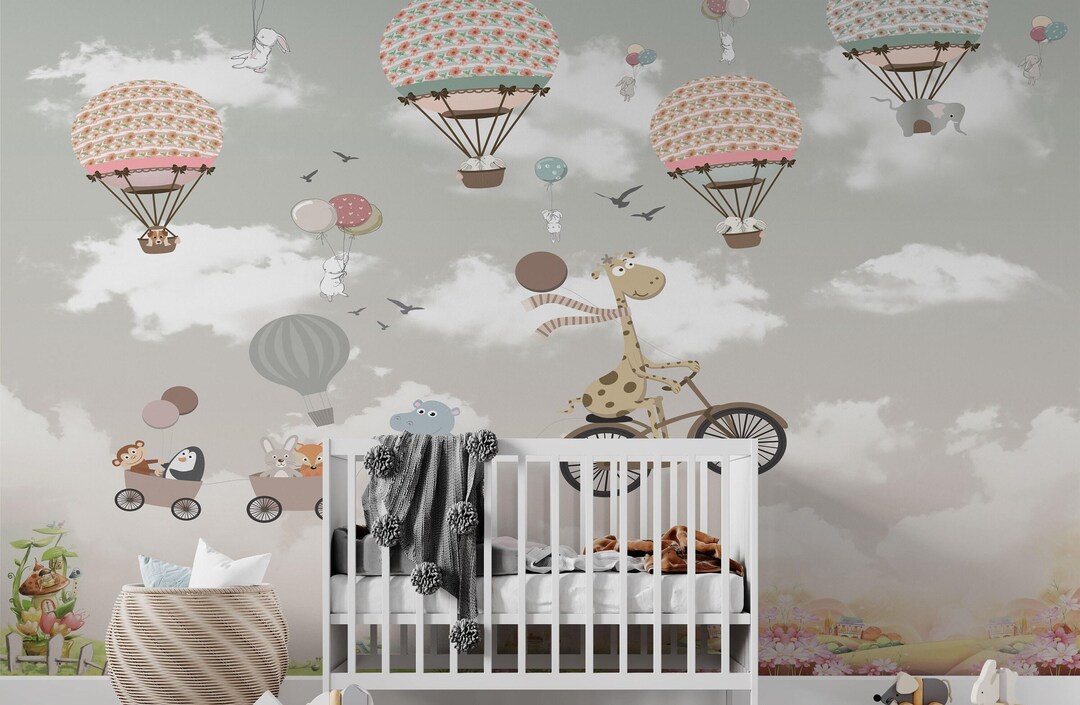 Whimsical Kids Wallpaper Mural With Hot Air Balloons Animal Train ...