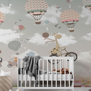 Carta da parati murale per bambini con mongolfiere e trenino di animali - Decorazione murale per cameretta e sala giochi