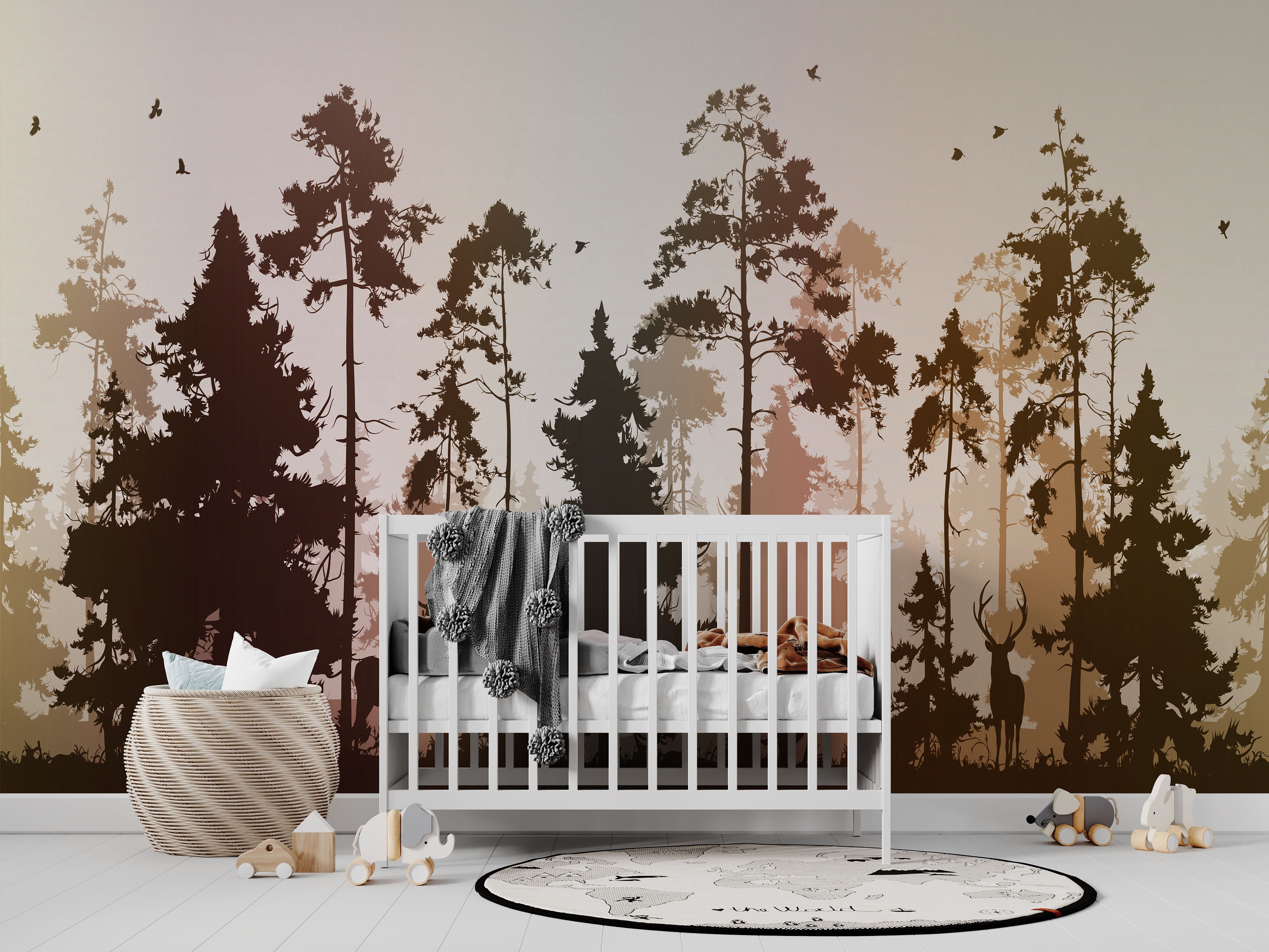 Pine Forest Wallpaper Deer and Birds Natural Forest Peel and | Etsy