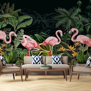 Tropischer Flamingo Wandbild - Dschungelblätter & rosa Vogeltapete für Wohndekor