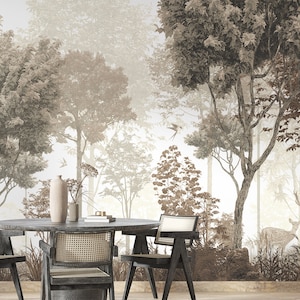 Neutral Woodland Deer Wallpaper Mural with Trees and Birds for Living Room Wall Decor