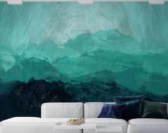 Abstract Gradient Green Blue Brush Strokes Oil Art Mountains Landscape Wallpaper