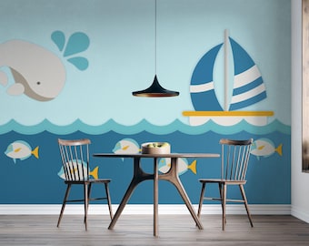 Mural de papel pintado para habitación infantil con temática oceánica divertida: ballena, pez y velero.