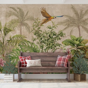 Tropisches botanisches Wandbild mit fliegendem Papagei | Vintage Dschungel Blätter & Orchidee Wallpaper Art