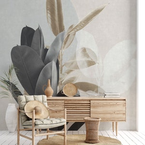 Papel pintado minimalista con diseño botánico en negro y beige para interiores modernos