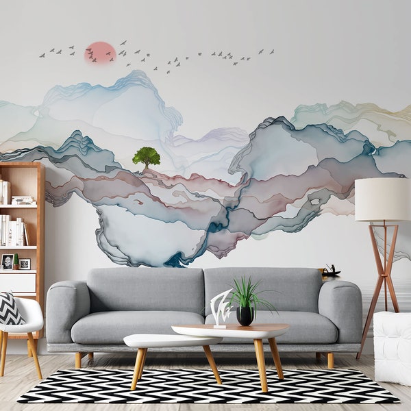 Abstract Line, Mountain Wallpaper, Removable Wallpaper, peel and stick Murals by welovewallz