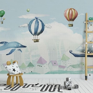 Skurrile Heißluftballons & Delfin Wandbild - Kinderzimmer Kinderzimmer Kunst, Verträumter Himmel Segelboot Tapete, Weiches Pastell Aquarell Design