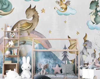 Whimsical Dragon Nursery Wall Mural Kids Room Decor