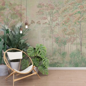 Soft Pastel Nature Wall Mural with Trees and Leaves for Bedroom