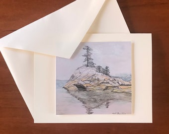 Card with print of original watercolor painting of Desolation Sound, BC by the artist.  Free Shipping-Limited Time Offer!