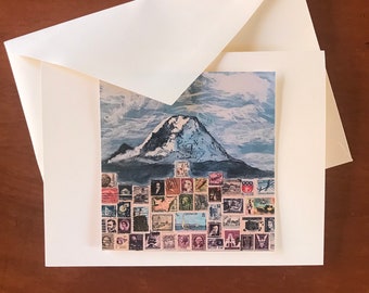 Mt. Rainier with Antique Stamps--Greeting Card with Print of Original Artwork. Free Shipping-Limited Time Offer!