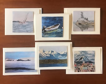 Set of Six Cards- Pacific Northwest Original Coastal Art: Mount Rainier, Olympic Mountains and Salish Sea  Free Shipping-limited time offer!