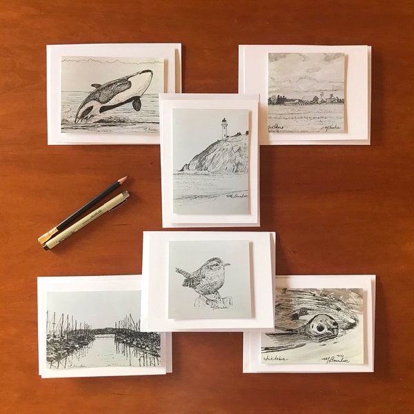 Set of Six Cards- Coastal Pen and Ink Drawings by the artist. Free Shipping-Limited Time Offer!