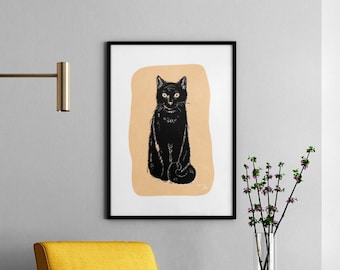 Black Cat Wall Art, Physical Art Print, Black and Yellow, Bedroom Decor, Digital Art, Spooky Decor, Halloween, Cat Art Print