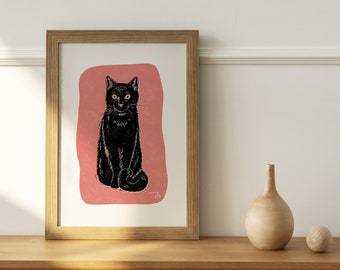 Black Cat Wall Art, Physical Art Print, Black and Pink, Bedroom Decor, Digital Art, Spooky Decor, Halloween, Cat Art Print