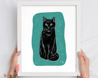 Black Cat Wall Art, Physical Art Print, Black and Teal, Bedroom Decor, Digital Art, Spooky Decor, Halloween, Cat Art Print