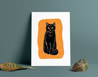 Black Cat Wall Art, Physical Art Print, Black and Orange, Bedroom Decor, Digital Art, Spooky Decor, Halloween, Cat Art Print