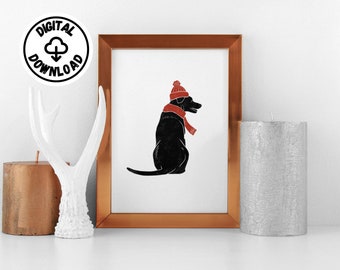 Winter Dog Wall Art, Digital Art Print, Black, White, Red, Instant Digital Download, Downloadable Art, Printable Wall Art, Print at Home