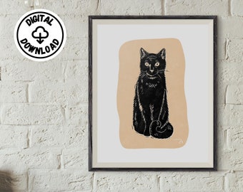 Black Cat Wall Art, Linocut Style Digital Art Print, Yellow, Instant Digital Download, Downloadable Art, Printable Wall Art, Print at Home