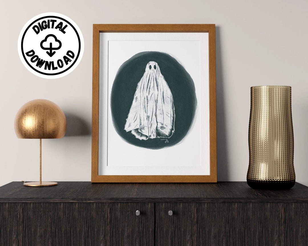 Ghost Wall Art, Linocut Style Digital Art Print, Green, Instant Digital ...