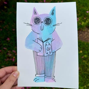 Reading Cat | Original Artwork | Gouache & Pen on Paper