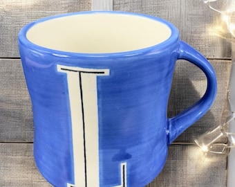 Anthropologie Monogram Letter L Hand Painted Initial Blue Coffee Mug Cup Ceramic