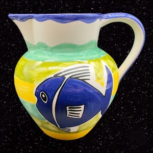 Hand Painted Pitcher Made In Portugal Blue Fish Multicolor Pottery 6.5”T 7”W