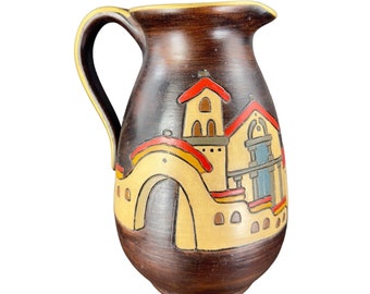 Jarra de cerámica antigua de los pueblos peruanos firmada por el artista Luis Salas hecha a mano VTG