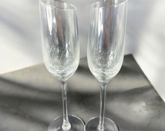 Pier 1 Clear Glass Crackle Angled Rim Goblet Drinking Glasses Cups Flutes Set2
